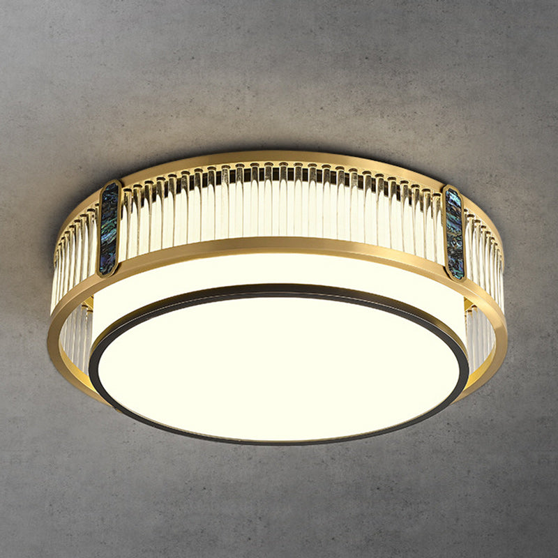 Traditional Chinese Full Brass & Glass Round Square Rectangular Striped Glass LED Flush Mount Ceiling Light For Bedroom & Living Room