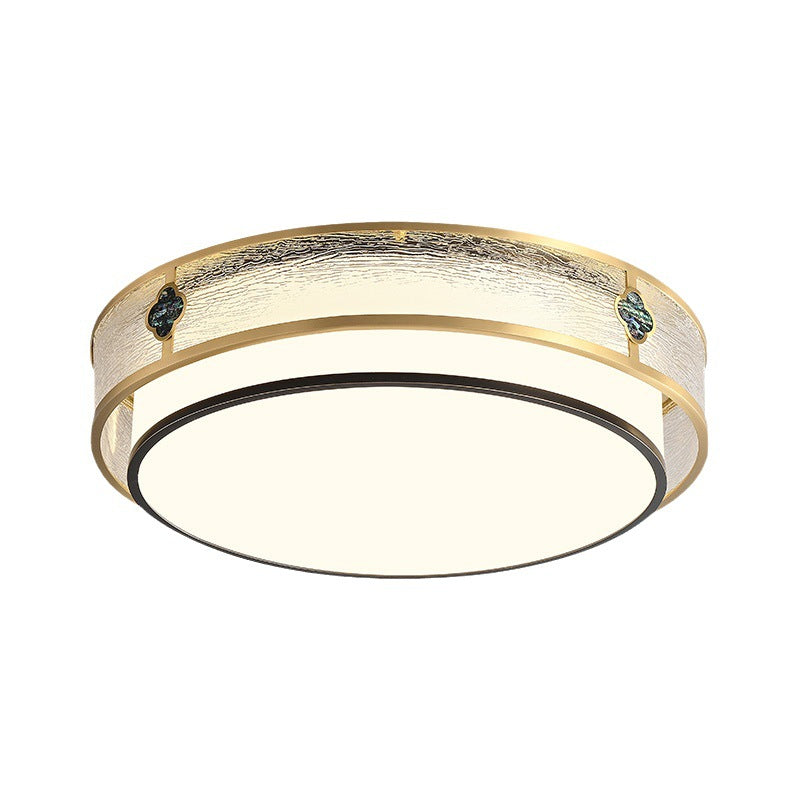 Traditional Chinese Full Brass & Glass Round Square Rectangular Striped Glass LED Flush Mount Ceiling Light For Bedroom & Living Room