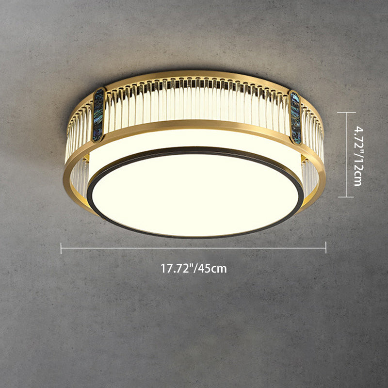 Traditional Chinese Full Brass & Glass Round Square Rectangular Striped Glass LED Flush Mount Ceiling Light For Bedroom & Living Room