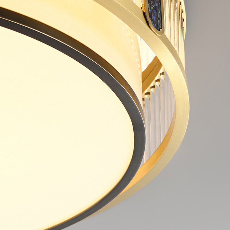 Traditional Chinese Full Brass & Glass Round Square Rectangular Striped Glass LED Flush Mount Ceiling Light For Bedroom & Living Room