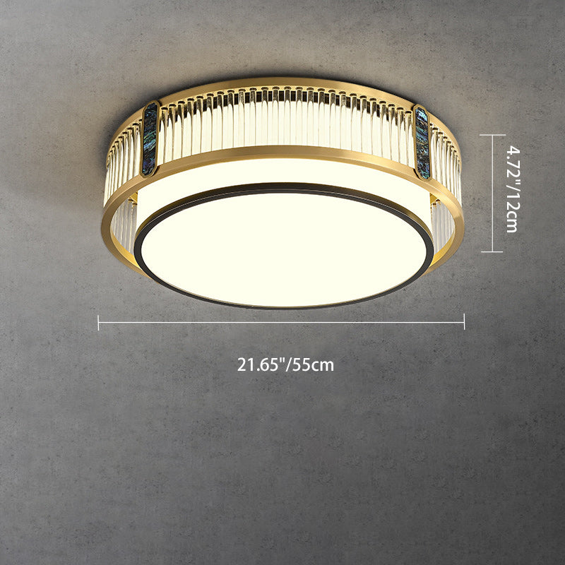 Traditional Chinese Full Brass & Glass Round Square Rectangular Striped Glass LED Flush Mount Ceiling Light For Bedroom & Living Room