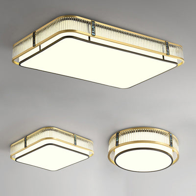 Traditional Chinese Full Brass & Glass Round Square Rectangular Striped Glass LED Flush Mount Ceiling Light For Bedroom & Living Room