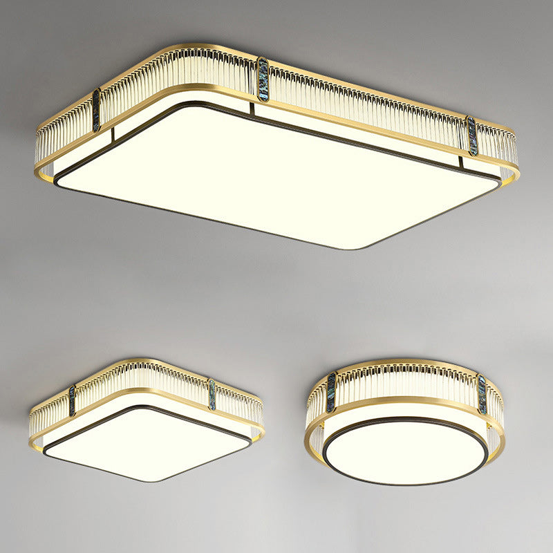 Traditional Chinese Full Brass & Glass Round Square Rectangular Striped Glass LED Flush Mount Ceiling Light For Bedroom & Living Room
