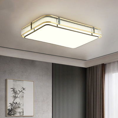 Traditional Chinese Full Brass & Glass Round Square Rectangular Striped Glass LED Flush Mount Ceiling Light For Bedroom & Living Room