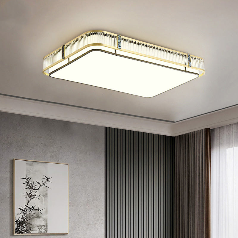 Traditional Chinese Full Brass & Glass Round Square Rectangular Striped Glass LED Flush Mount Ceiling Light For Bedroom & Living Room