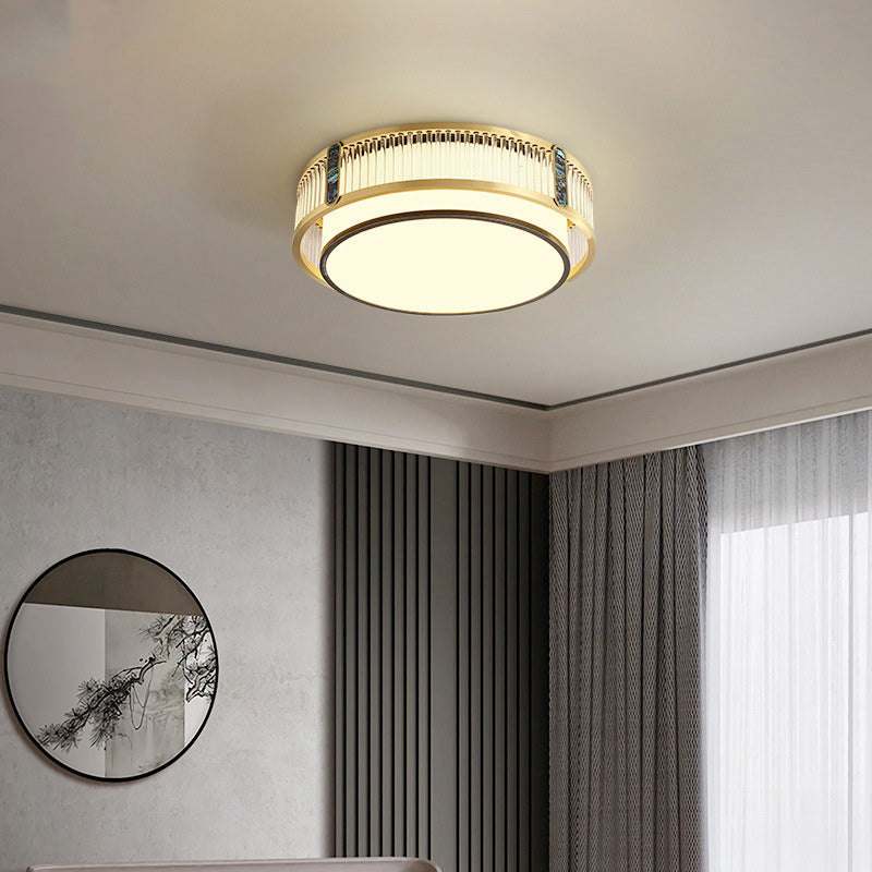 Traditional Chinese Full Brass & Glass Round Square Rectangular Striped Glass LED Flush Mount Ceiling Light For Bedroom & Living Room