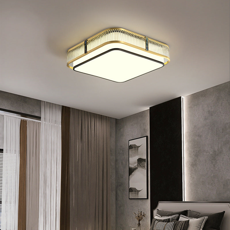 Traditional Chinese Full Brass & Glass Round Square Rectangular Striped Glass LED Flush Mount Ceiling Light For Bedroom & Living Room