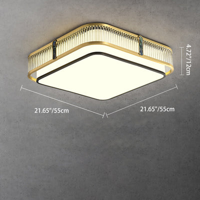 Traditional Chinese Full Brass & Glass Round Square Rectangular Striped Glass LED Flush Mount Ceiling Light For Bedroom & Living Room