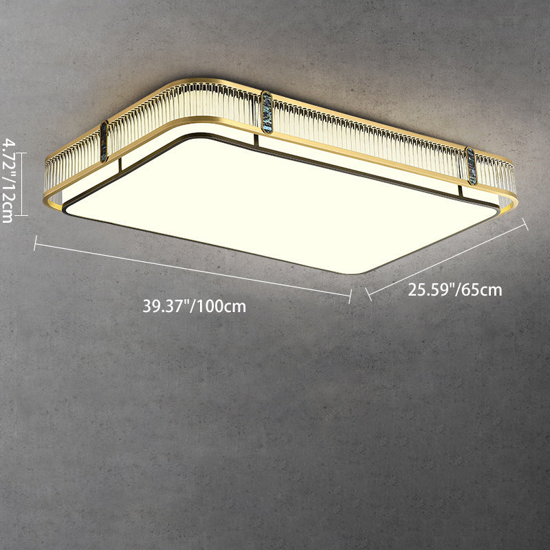 Traditional Chinese Full Brass & Glass Round Square Rectangular Striped Glass LED Flush Mount Ceiling Light For Bedroom & Living Room