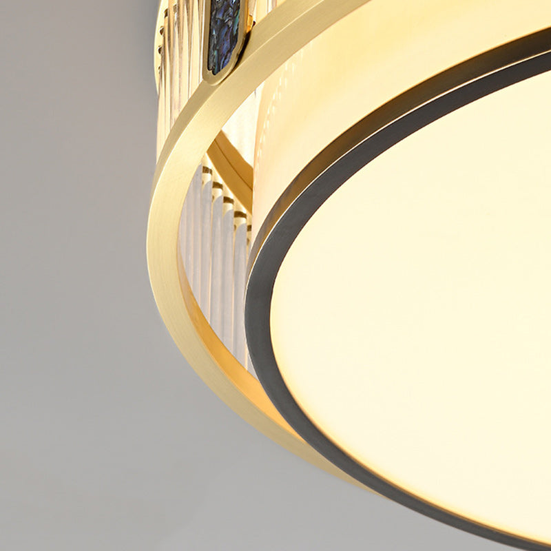 Traditional Chinese Full Brass & Glass Round Square Rectangular Striped Glass LED Flush Mount Ceiling Light For Bedroom & Living Room