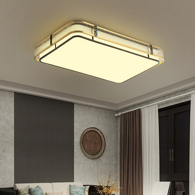 Traditional Chinese Full Brass & Glass Round Square Rectangular Striped Glass LED Flush Mount Ceiling Light For Bedroom & Living Room