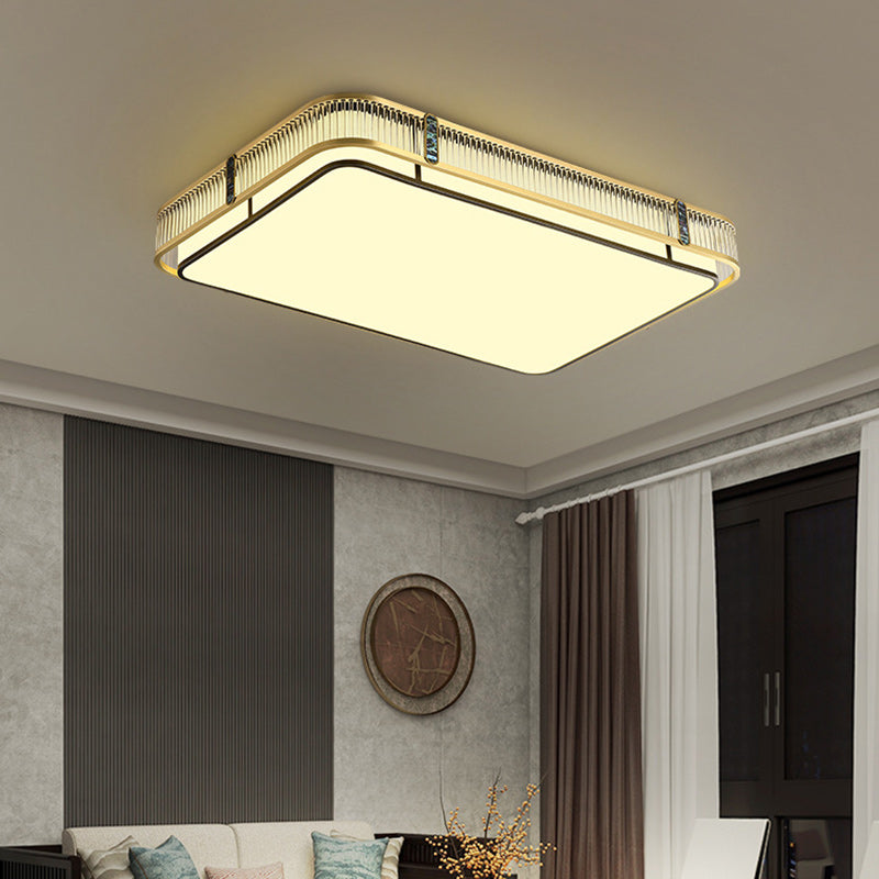 Traditional Chinese Full Brass & Glass Round Square Rectangular Striped Glass LED Flush Mount Ceiling Light For Bedroom & Living Room
