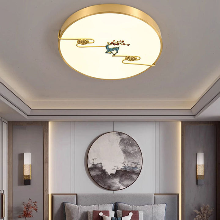 Plafonnier LED en laiton émaillé chinois traditionnel et acrylique rond carré rectangulaire avec cerf et nuage de bon augure pour chambre et salon 