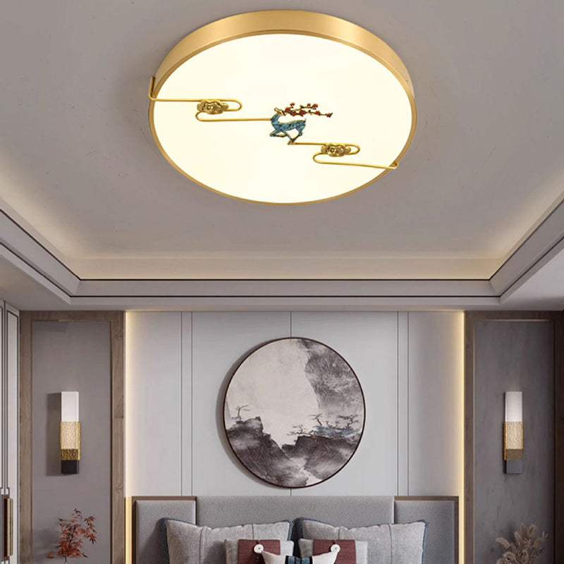 Traditional Chinese Brass Enamel & Acrylic Round Square Rectangular Deer Auspicious Cloud LED Flush Mount Ceiling Light For Bedroom & Living Room
