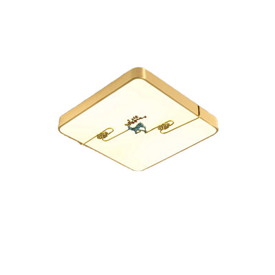Traditional Chinese Brass Enamel & Acrylic Round Square Rectangular Deer Auspicious Cloud LED Flush Mount Ceiling Light For Bedroom & Living Room