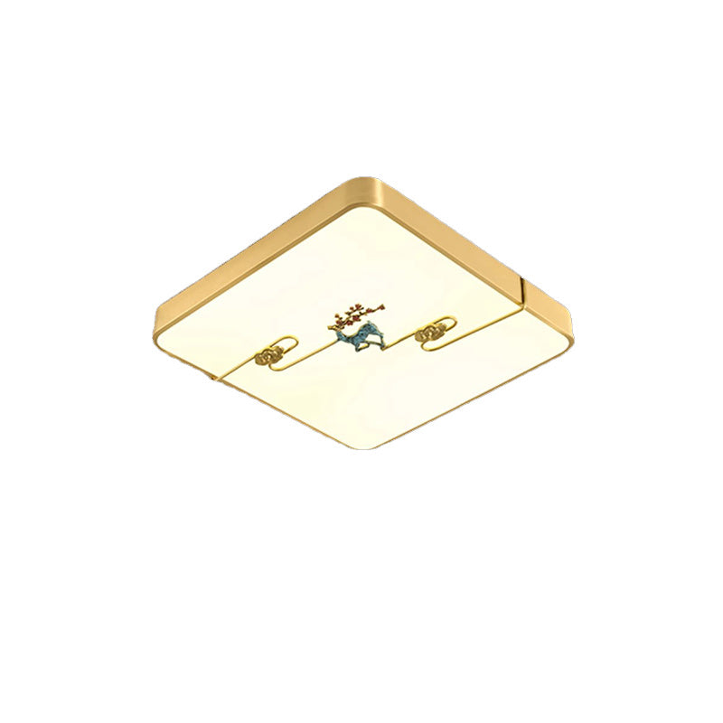 Traditional Chinese Brass Enamel & Acrylic Round Square Rectangular Deer Auspicious Cloud LED Flush Mount Ceiling Light For Bedroom & Living Room