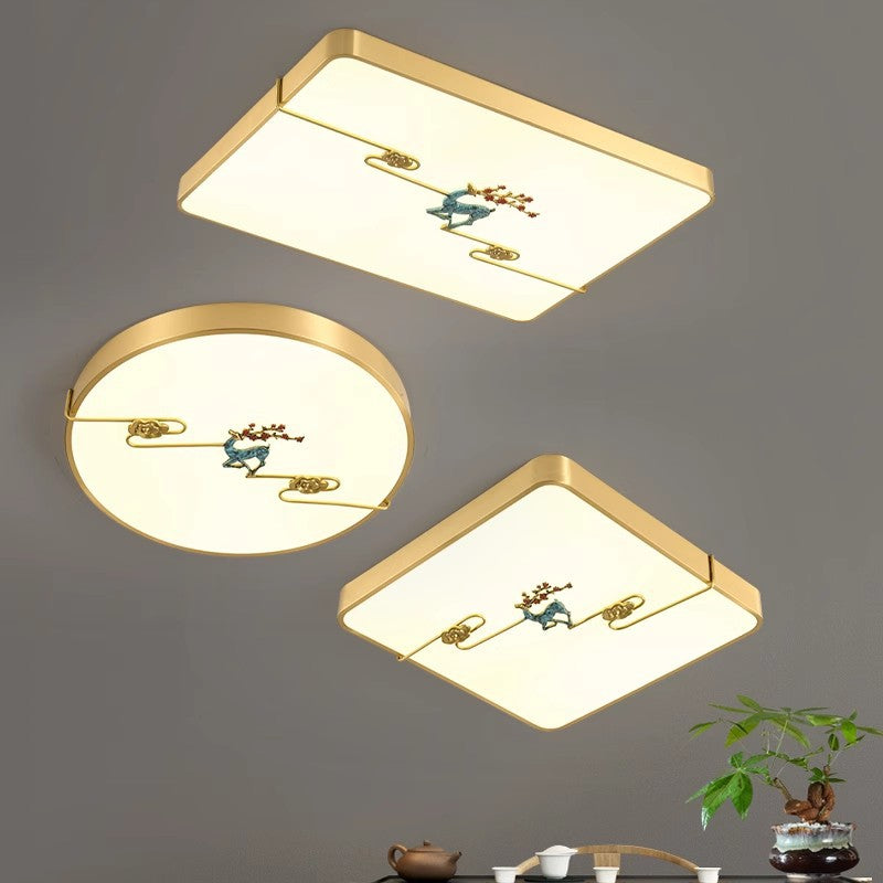 Traditional Chinese Brass Enamel & Acrylic Round Square Rectangular Deer Auspicious Cloud LED Flush Mount Ceiling Light For Bedroom & Living Room