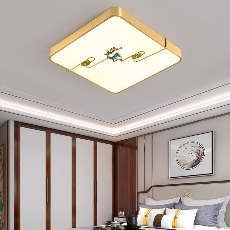 Traditional Chinese Brass Enamel & Acrylic Round Square Rectangular Deer Auspicious Cloud LED Flush Mount Ceiling Light For Bedroom & Living Room