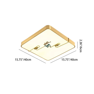 Traditional Chinese Brass Enamel & Acrylic Round Square Rectangular Deer Auspicious Cloud LED Flush Mount Ceiling Light For Bedroom & Living Room
