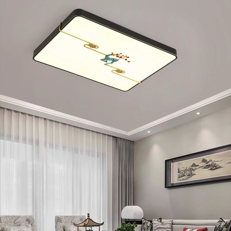 Traditional Chinese Brass Enamel & Acrylic Round Square Rectangular Deer Auspicious Cloud LED Flush Mount Ceiling Light For Bedroom & Living Room