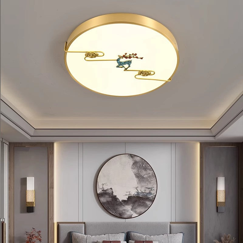 Traditional Chinese Brass Enamel & Acrylic Round Square Rectangular Deer Auspicious Cloud LED Flush Mount Ceiling Light For Bedroom & Living Room