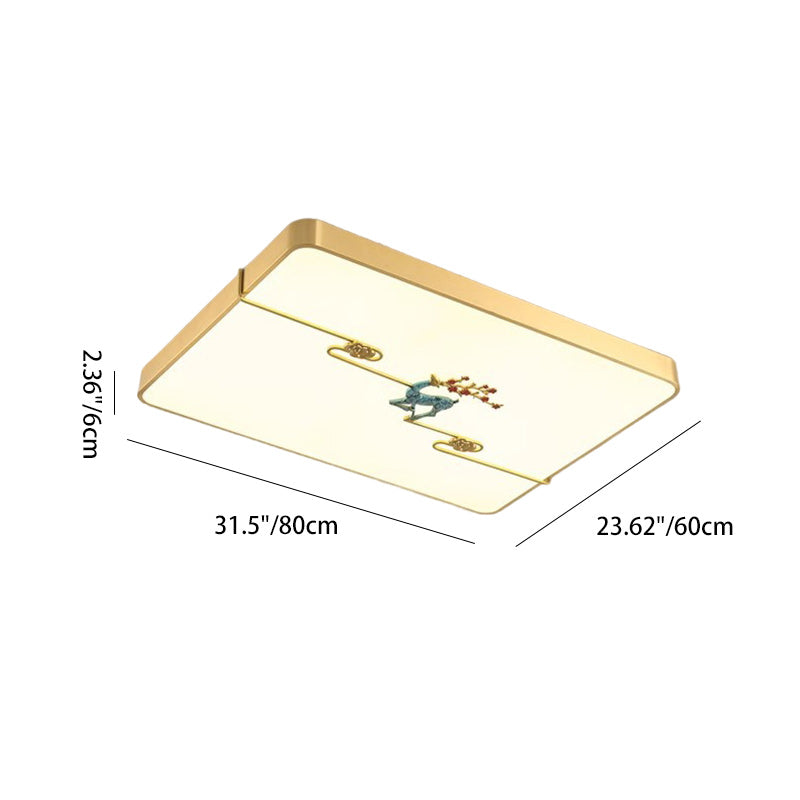Traditional Chinese Brass Enamel & Acrylic Round Square Rectangular Deer Auspicious Cloud LED Flush Mount Ceiling Light For Bedroom & Living Room
