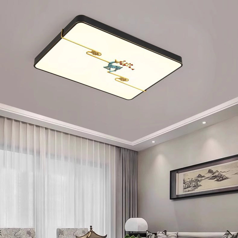 Traditional Chinese Brass Enamel & Acrylic Round Square Rectangular Deer Auspicious Cloud LED Flush Mount Ceiling Light For Bedroom & Living Room