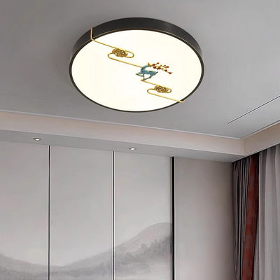 Traditional Chinese Brass Enamel & Acrylic Round Square Rectangular Deer Auspicious Cloud LED Flush Mount Ceiling Light For Bedroom & Living Room