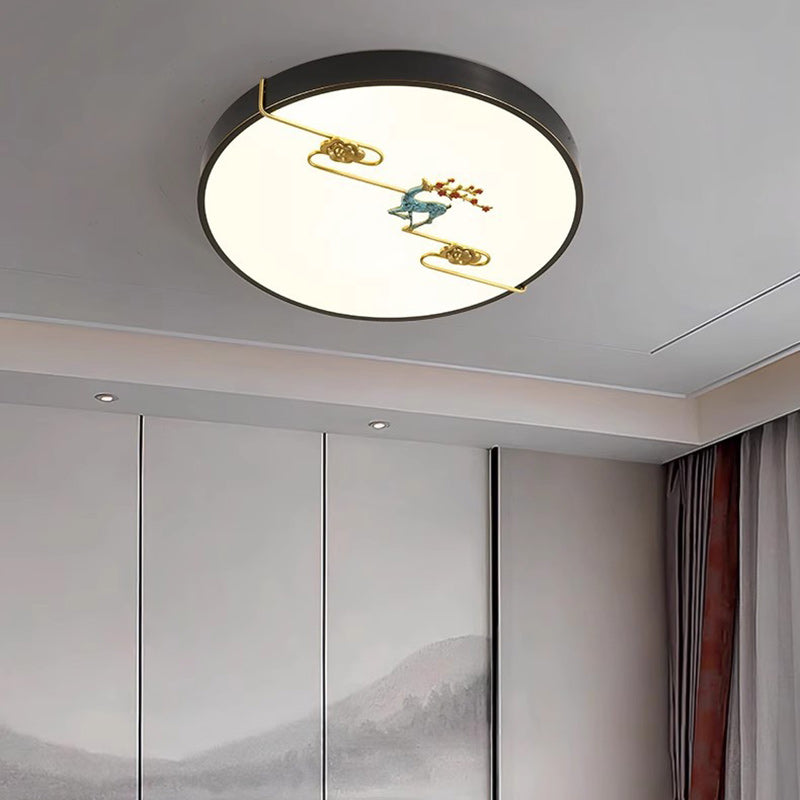 Traditional Chinese Brass Enamel & Acrylic Round Square Rectangular Deer Auspicious Cloud LED Flush Mount Ceiling Light For Bedroom & Living Room