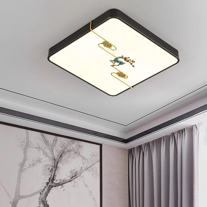 Traditional Chinese Brass Enamel & Acrylic Round Square Rectangular Deer Auspicious Cloud LED Flush Mount Ceiling Light For Bedroom & Living Room