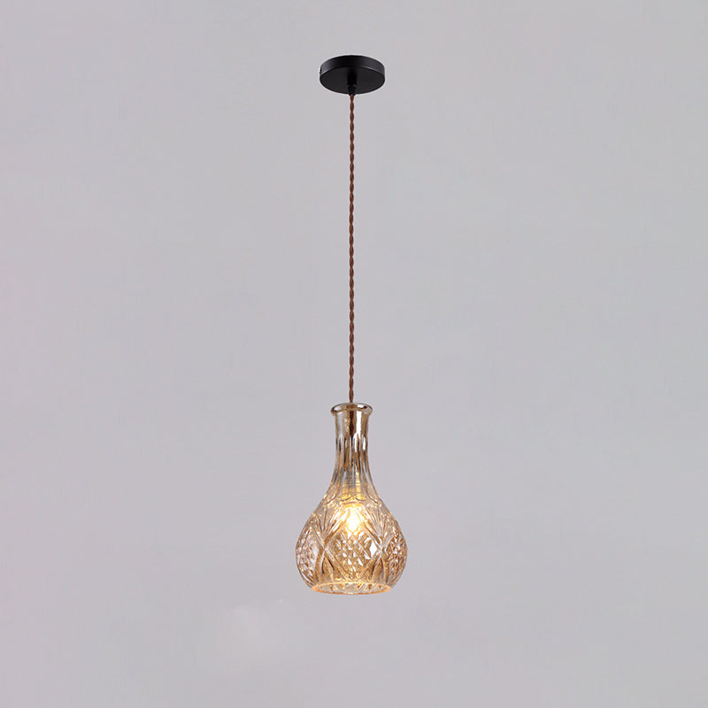 Contemporary Retro Iron & Glass Vase With Etched Design 1-Light Pendant Light For Dining Room