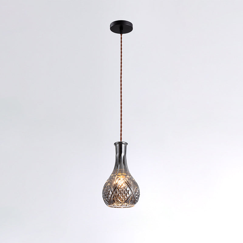 Contemporary Retro Iron & Glass Vase With Etched Design 1-Light Pendant Light For Dining Room