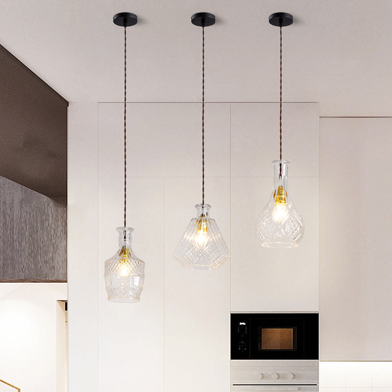 Contemporary Retro Iron & Glass Vase With Etched Design 1-Light Pendant Light For Dining Room
