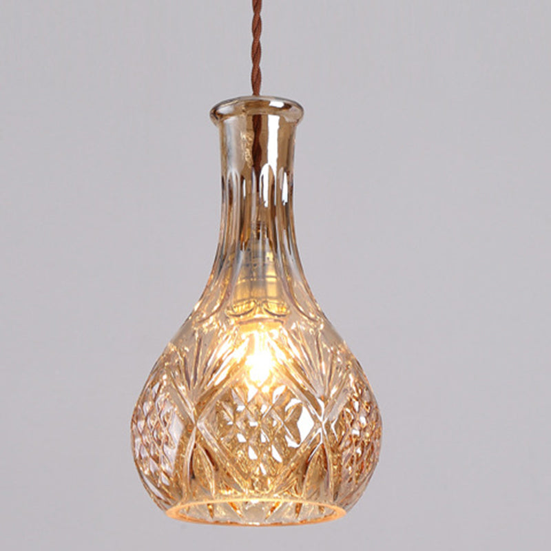 Contemporary Retro Iron & Glass Vase With Etched Design 1-Light Pendant Light For Dining Room
