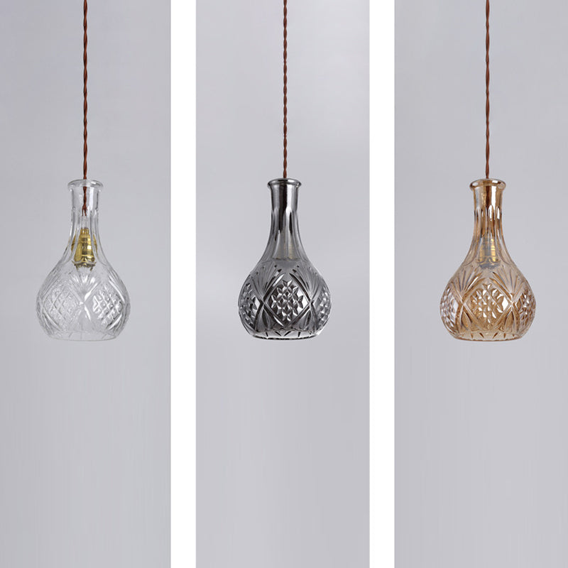 Contemporary Retro Iron & Glass Vase With Etched Design 1-Light Pendant Light For Dining Room