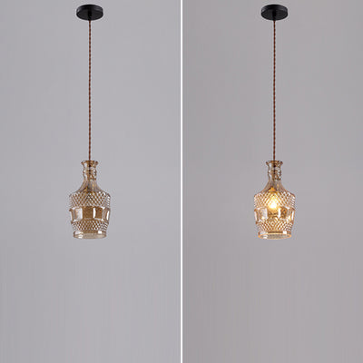 Contemporary Retro Iron & Glass Vase With Etched Design 1-Light Pendant Light For Dining Room