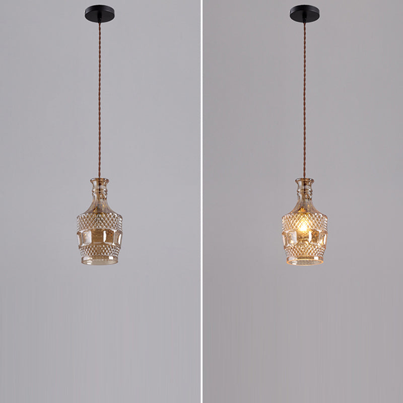 Contemporary Retro Iron & Glass Vase With Etched Design 1-Light Pendant Light For Dining Room