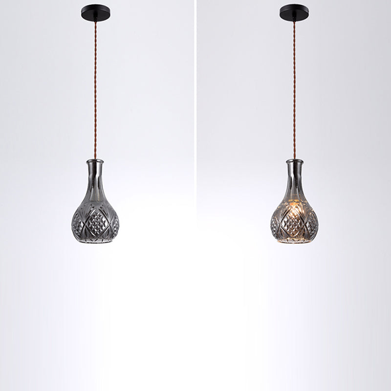 Contemporary Retro Iron & Glass Vase With Etched Design 1-Light Pendant Light For Dining Room
