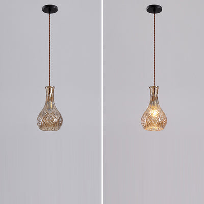 Contemporary Retro Iron & Glass Vase With Etched Design 1-Light Pendant Light For Dining Room