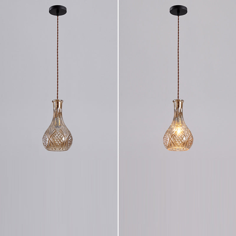 Contemporary Retro Iron & Glass Vase With Etched Design 1-Light Pendant Light For Dining Room
