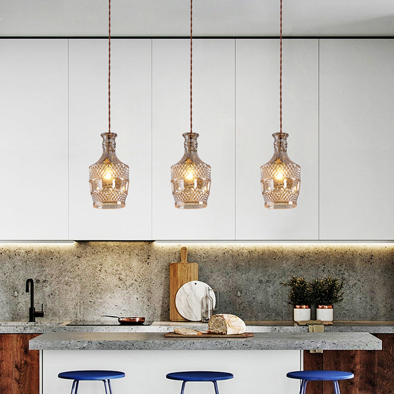 Contemporary Retro Iron & Glass Vase With Etched Design 1-Light Pendant Light For Dining Room