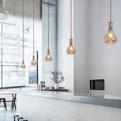 Contemporary Retro Iron & Glass Vase With Etched Design 1-Light Pendant Light For Dining Room
