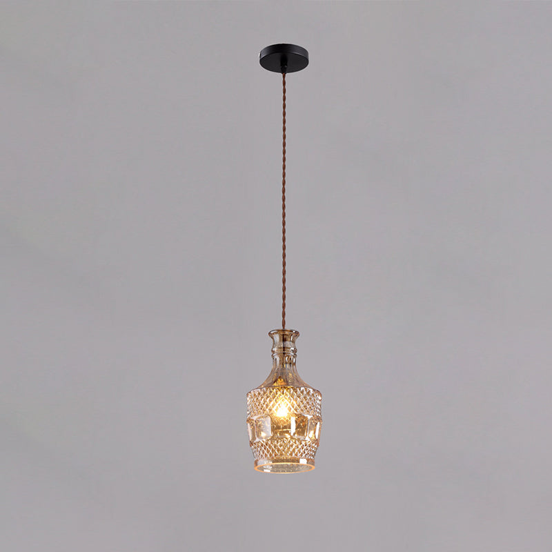 Contemporary Retro Iron & Glass Vase With Etched Design 1-Light Pendant Light For Dining Room