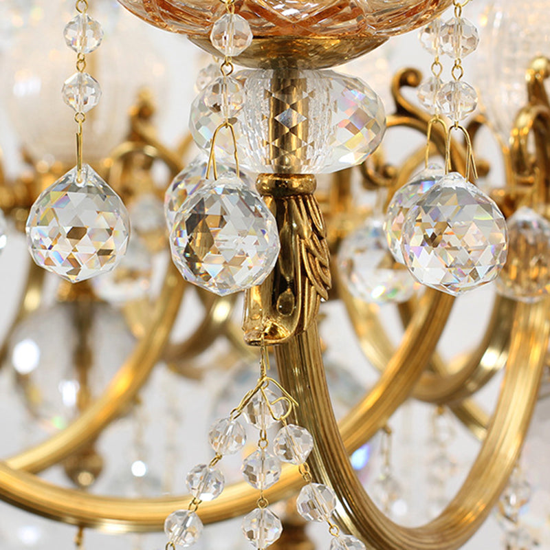 Traditional European Brass Glass & Crystal Candelabra 12-Light Chandelier For Dining Room