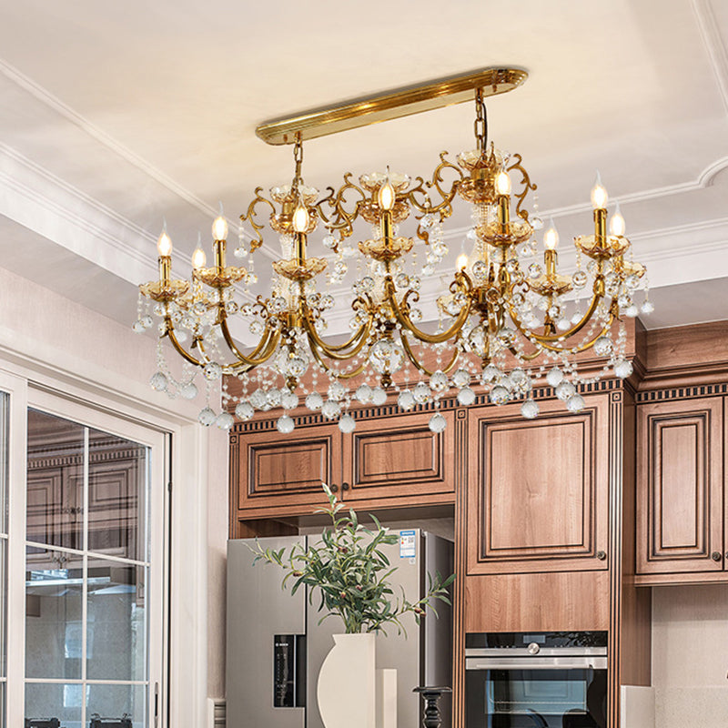 Traditional European Brass Glass & Crystal Candelabra 12-Light Chandelier For Dining Room