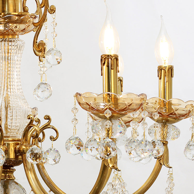 Traditional European Brass Glass & Crystal Candelabra 12-Light Chandelier For Dining Room