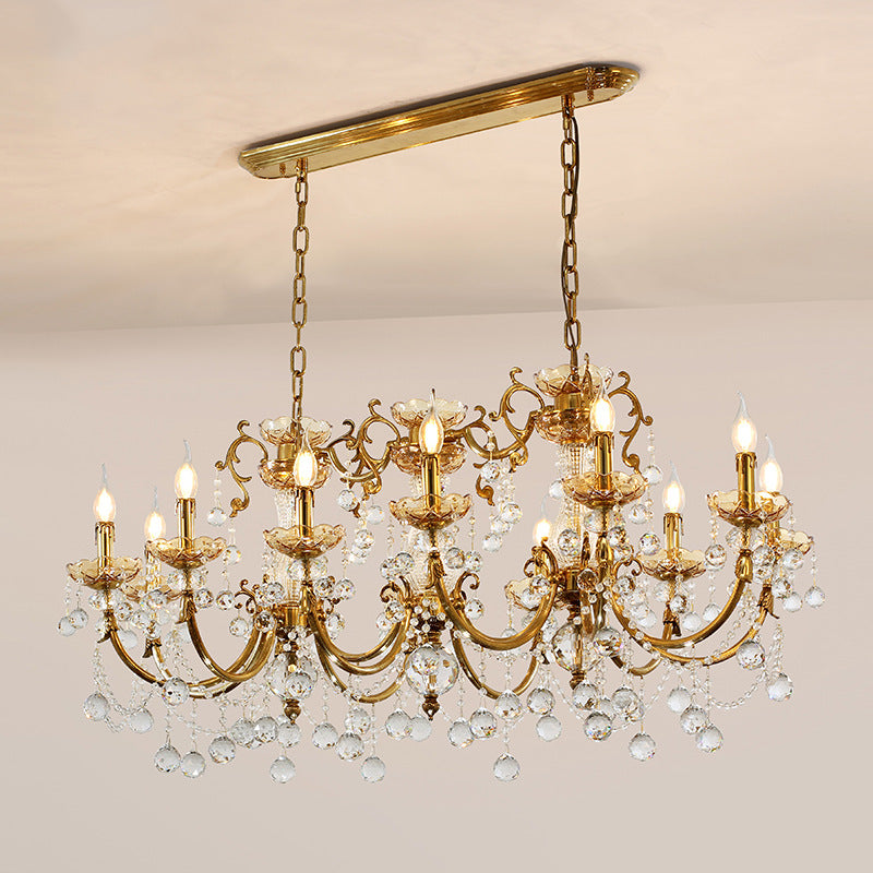 Traditional European Brass Glass & Crystal Candelabra 12-Light Chandelier For Dining Room