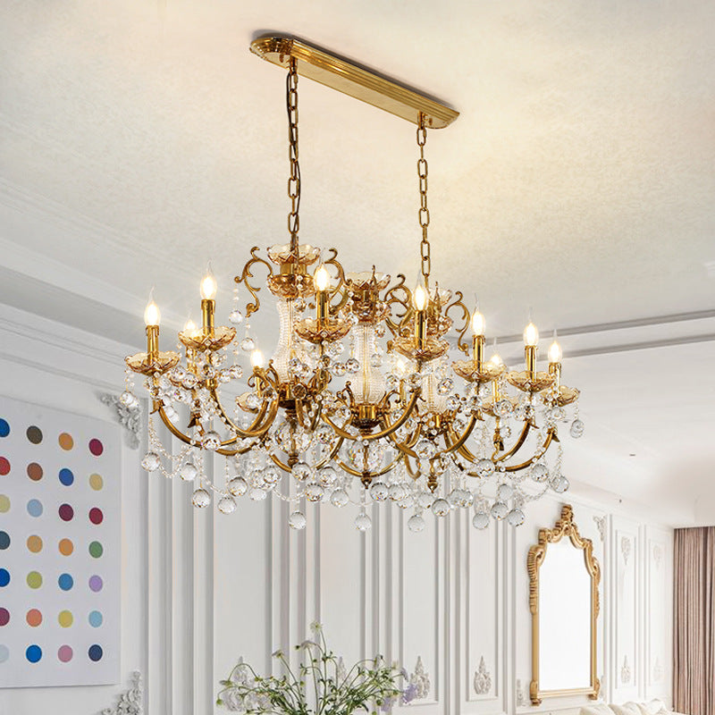 Traditional European Brass Glass & Crystal Candelabra 12-Light Chandelier For Dining Room