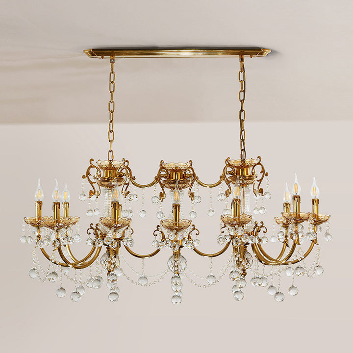 Traditional European Brass Glass & Crystal Candelabra 12-Light Chandelier For Dining Room