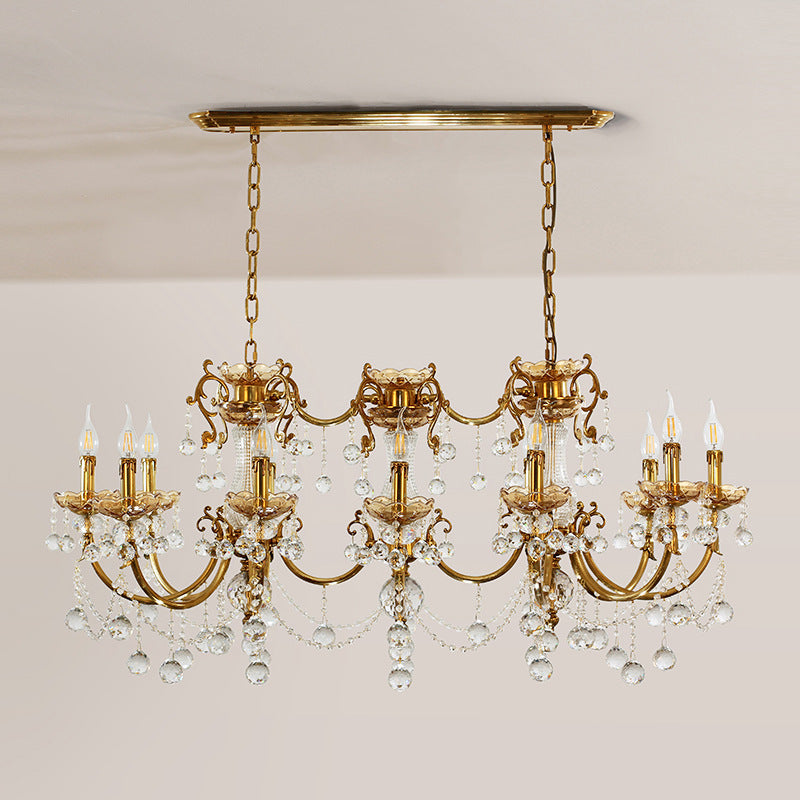 Traditional European Brass Glass & Crystal Candelabra 12-Light Chandelier For Dining Room